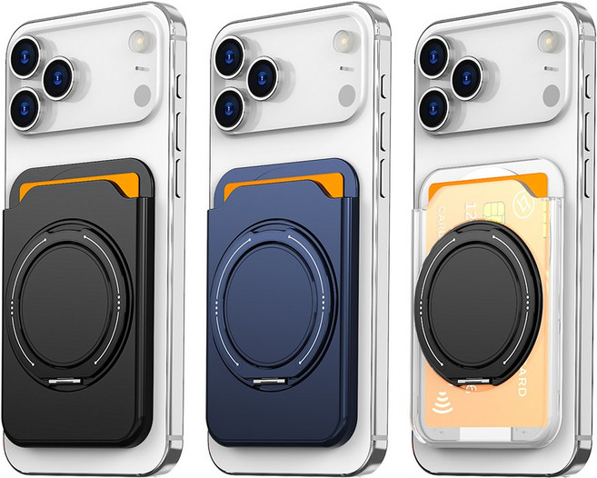 YINUO 1+1+1 초강력 자력 맥세이프 카드지갑 360도 각도 조절이 거치대, 1세트, 블랙+네이비+투명