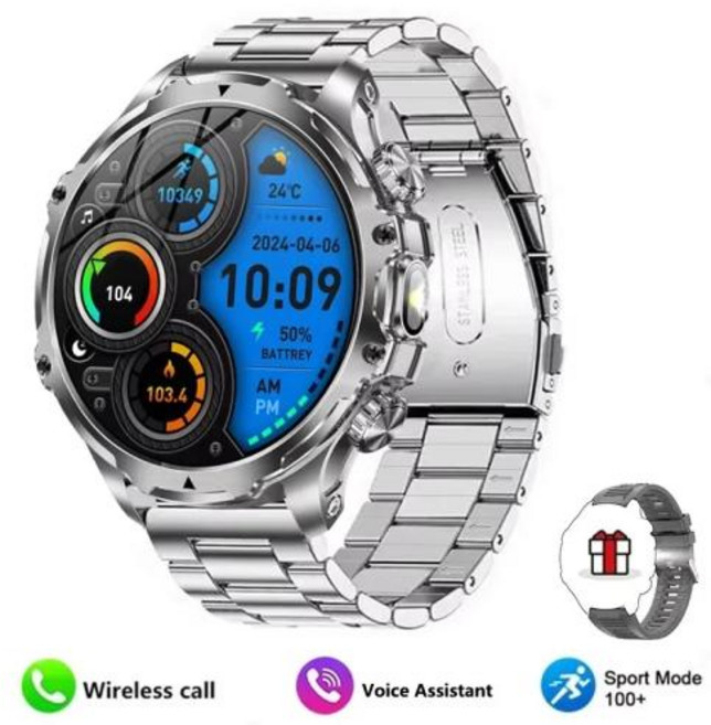 스포츠 방수 스마트 워치 손전등 피트니스 트래커 조명, 3)Silver steel belt