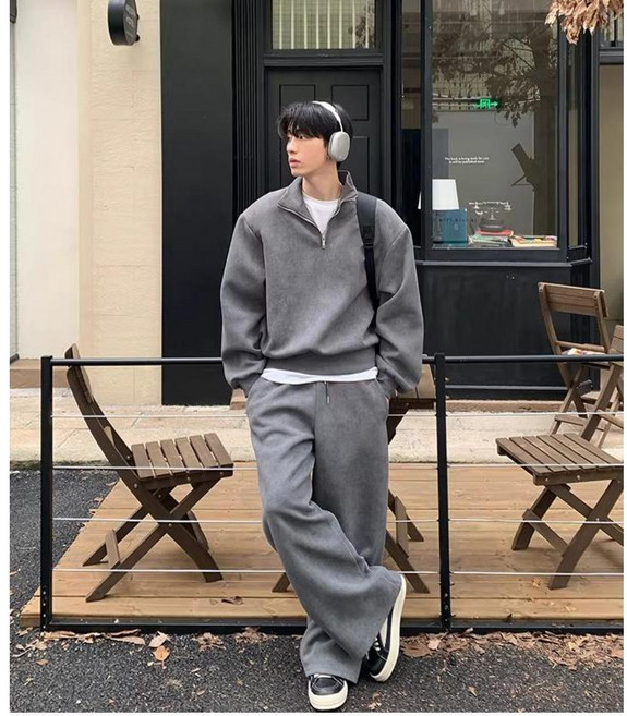 ANYOU 남성 봄신상 순면 츄리닝세트 하프집업 맨투맨 + 일자팬츠 세트 운동복