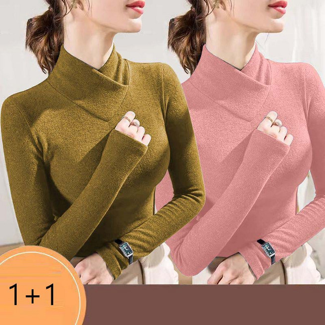 1+1 여자 기모 티셔츠 빅사이즈 슬림핏 이너 기모 반폴라티 2매입 가을 겨울 여성 긴팔 티셔츠 CJJ