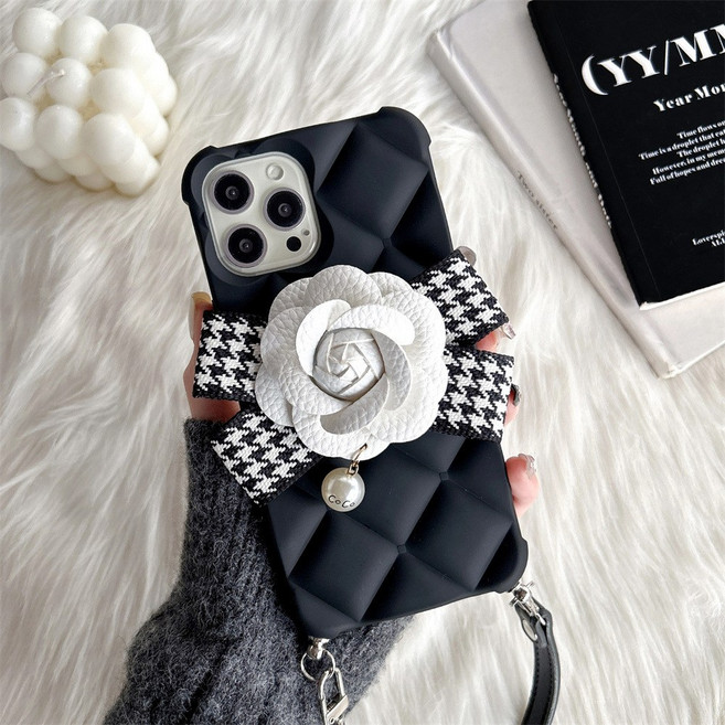 [페네브릿]화이트 까멜리아 가죽스트랩 풀커버 아이폰 프로 케이스 생일 커플 선물 가죽