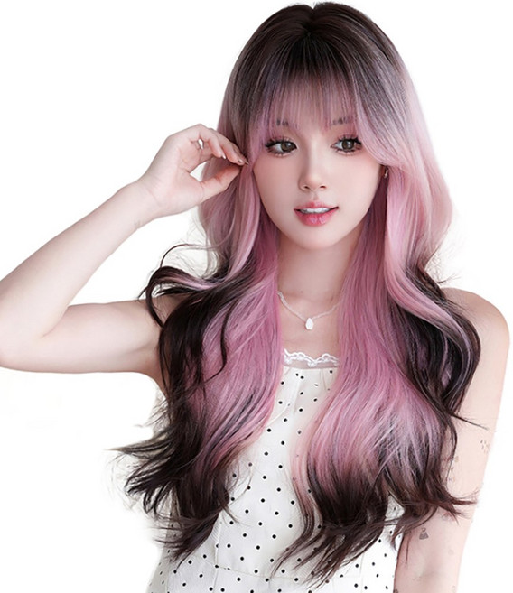 가발위드 옴브레 롱 웨이브 내추럴 스킨 앞머리 통가발 매직 멀티 먼데이, 1개, 핑크다크브라운