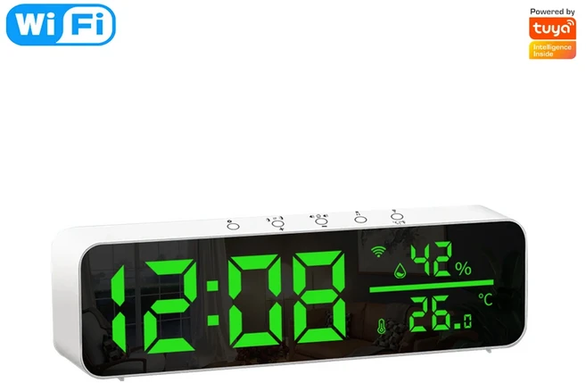 Tuya WiFi 스마트 전자 알람 시계 온도 센서 LED 스크린 Smartlife APP 제어 지원 Alexa Google 홈, 01 WiFi Green
