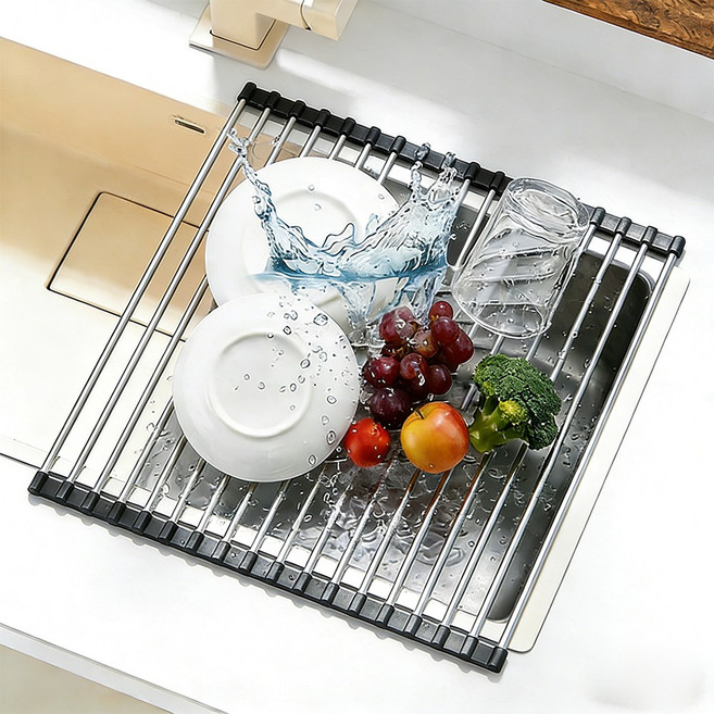 롤러블 싱크 선반 접이식 스테인리스 식기건조대, 1개, 블랙, 18단