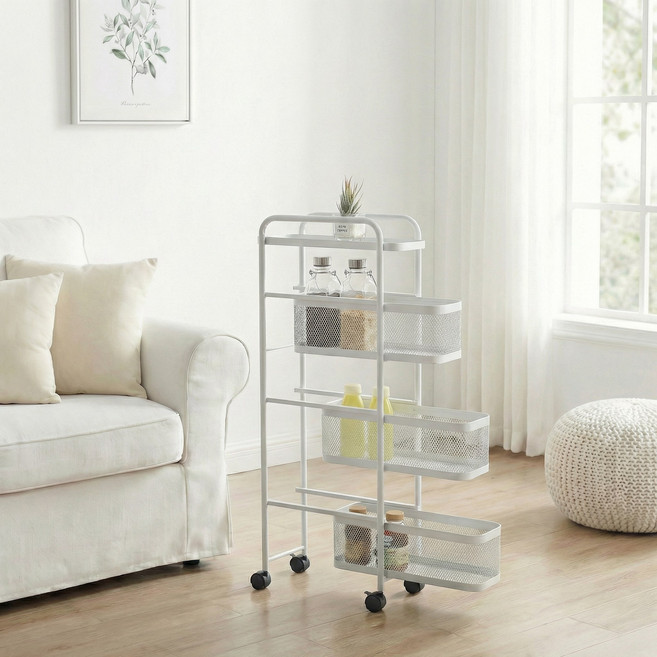 리빙코아 이동식 철제 틈새 슬라이드 트롤리 수납 선반 다용도, 화이트, 3단