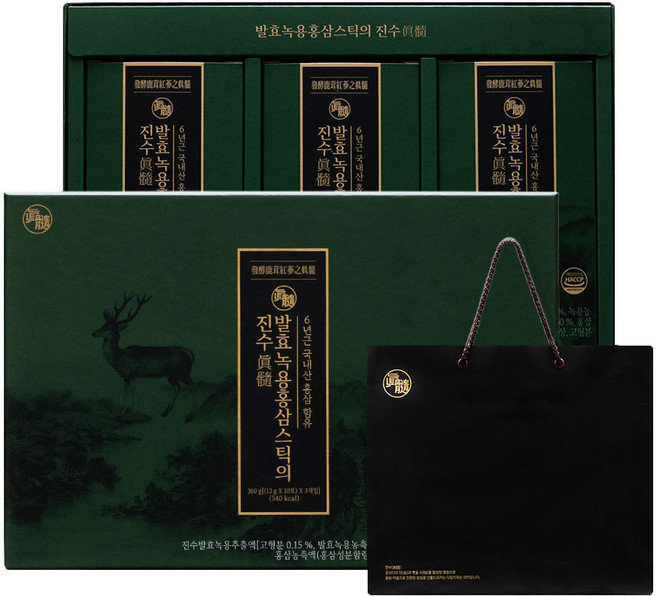진웰스 [발효녹용 50%] 6년근 발효녹용홍삼스틱 30포 선물세트 (쇼핑백포함/속편한 발효녹용), 360g, 5박스