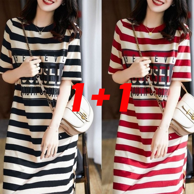 1+1 2P 여성 여름 루즈핏 날씬해 보이는 스트라이프 레터링 프린트 라운드넥 반팔 티셔츠 원피스 학생 미디 스커트 잠옷 실내복