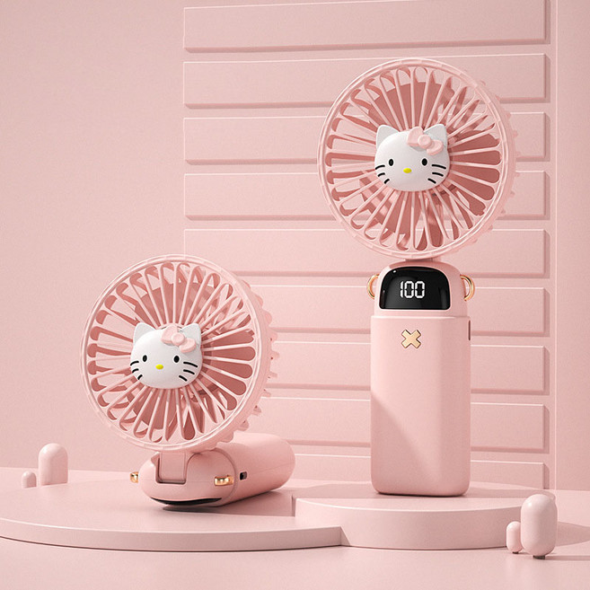 산리오 휴대용 선풍기 마이멜로디선풍기 포차코 어린이 소형 휴대 충전식 USB 탁상용 캠핑 에어컨 선풍기 미니 손선풍기, 헬리키티