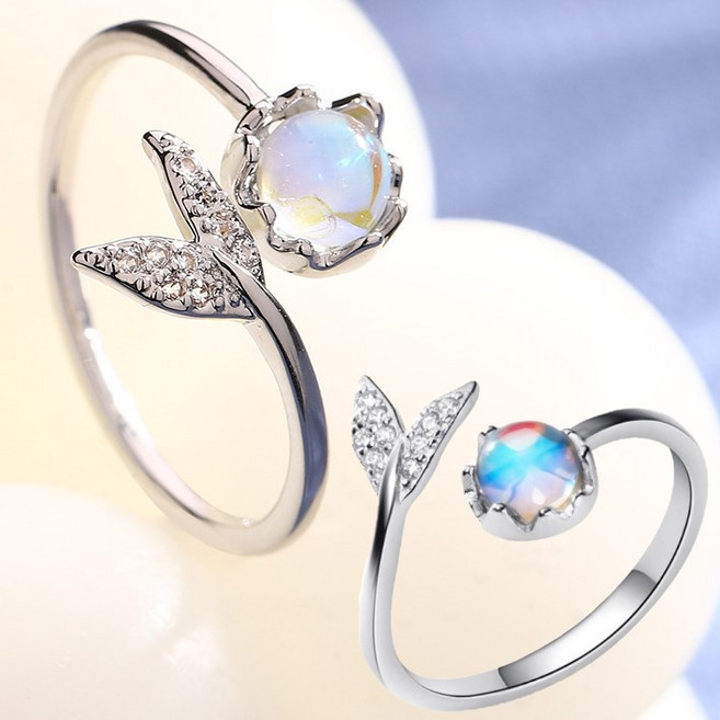 JONNEIC 조네익 고래꼬리 행운 반지 문스톤 S925 실버 도금 반지 물고기 돌고래