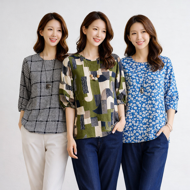 인견 7부 반팔 블라우스 "프리미엄" 9color 패턴 스몰~빅사이즈 L~2XL 하객룩 오피스룩