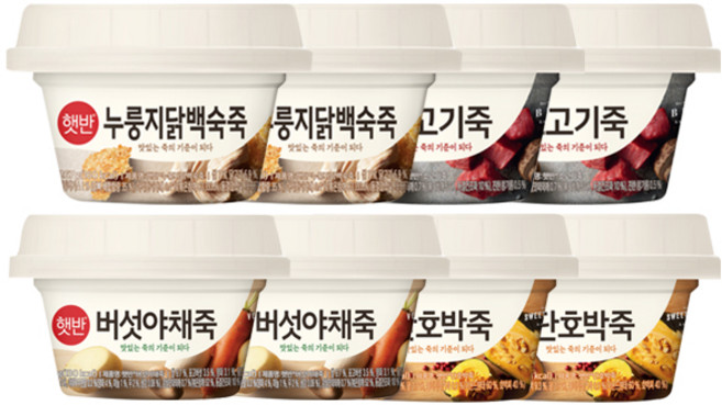 햇반 소프트밀 누룽지닭백숙죽 2개 소고기죽 2개 버섯야채죽 2개 단호박죽 1개 밤단팥죽 1개 280g 용기 (총8개), 1세트, 2.138kg