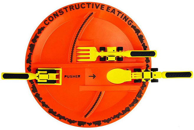 중장비 수저포크세트 자기주도 굴삭기 세 세트 식기 정원 숟가락 요정 이유식 수저포크, 포크 3개 세트 + 접시