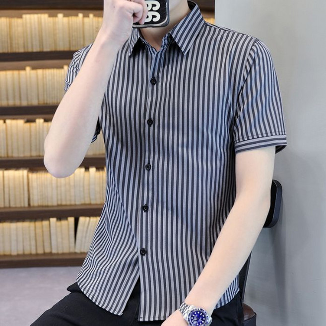 川月商行 夏季男士港風短袖襯衫 薄款條紋襯衫
