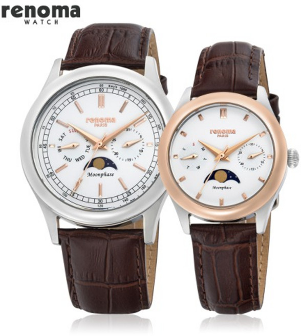 renoma 레노마 멀티펑션 문페이즈 화이트 커플 가죽시계 RE2004WH