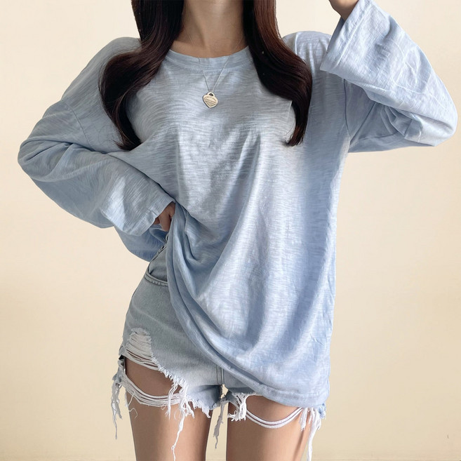 스트릿제이 캐주얼 시스루 긴팔티 티셔츠 라운드넥 오버핏