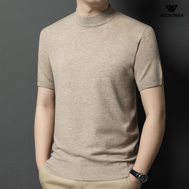 남성 모크넥 반팔 니트 울 반목 티셔츠 여름 하프넥 반폴라 슬림 댄디룩 WI017N