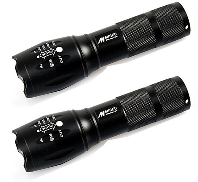 T6PL 2개 랜턴 손전등 후레쉬 LED 줌 라이트, 블랙