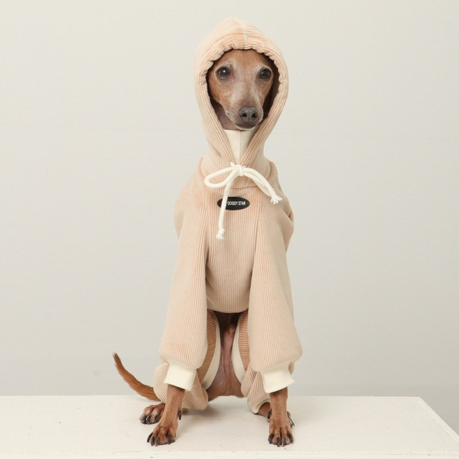 이탈리안그레이하운드옷 아이쥐옷 스판 벨벳 트레이닝 후드 올인원, 1개, 베이지