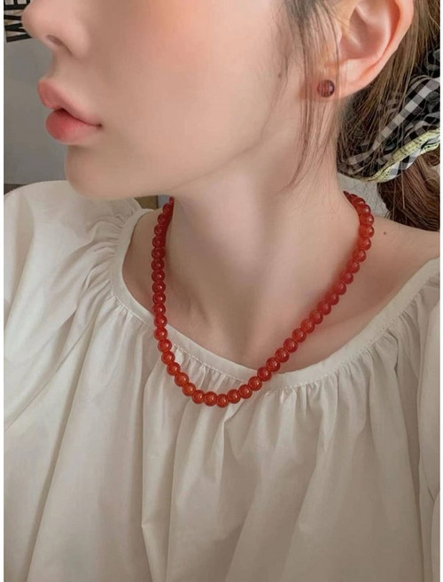 lemonade 韓國製人造紅瑪瑙石圓珠項鍊，韓國空運紅瑪瑙石頸鏈，鎖骨項鍊，展現優雅氣質