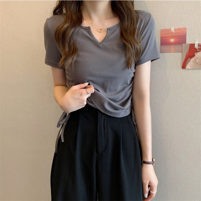 韓版短版短袖T恤 v領 韓國 甜妹穿搭 夏天女