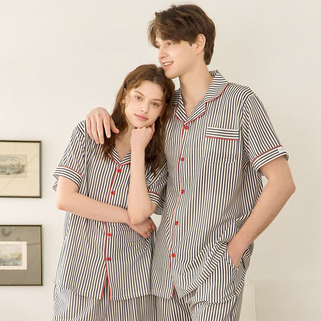 MARIQUE 포인트 스트라이프 남성 여성 반팔잠옷