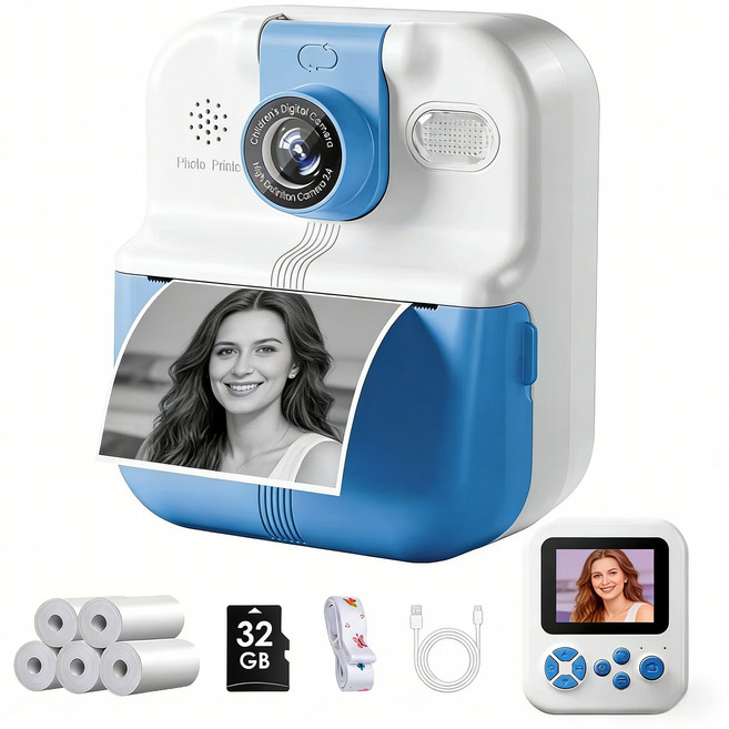 프린트 카메라 즉석 카메라 사진기 컬러 디지털 카메라 사진+동영상+프린트 3in1 열전사지카메라 감열식 영수증카메라 빈티지 필름카메라 (32GB SD카드+카드리더기+인화지5롤), 1개, 밝은파랑
