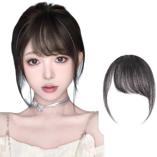 미즈코스 C컬 가르마 앞머리 가발 옆머리 시스루 사이드 뱅, 블랙-오른쪽, 1개