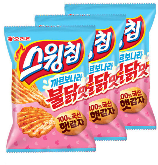 오리온 스윙칩 까르보나라 불닭맛 감자칩 60g 매운과자 스낵 간식 국내산 햇감자, 3개, 112g