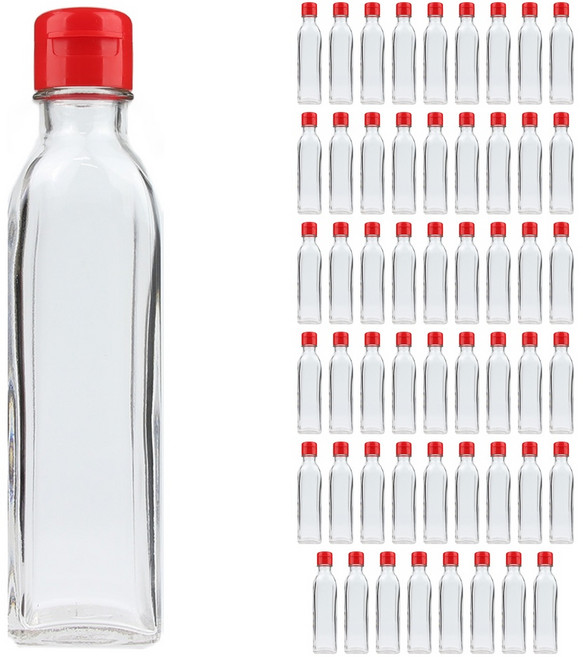 S사각기름병 투명 유리병+원터치캡 빨강, 54개, 180ml