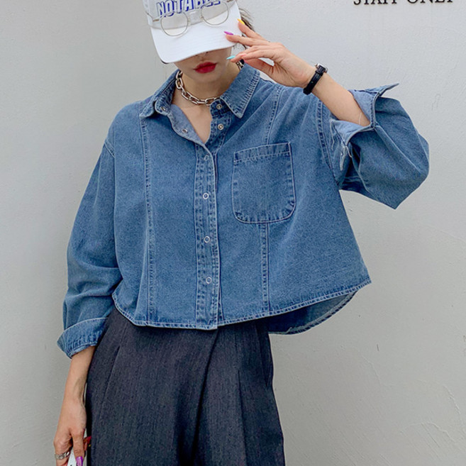 마이쏭 여성 빅사이즈 청남방 세미크롭 또또버튼 간절기 아우터st 티지크롭데님셔츠