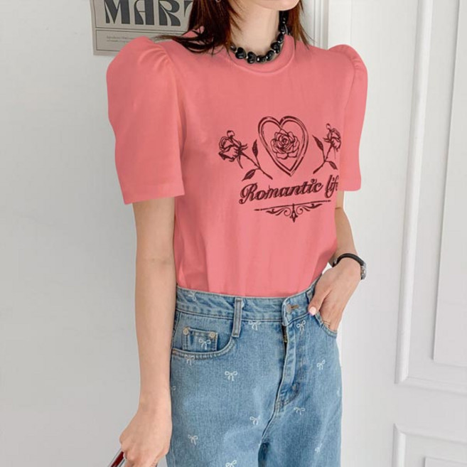 마이쏭 여성 반팔티 빅사이즈 루즈핏 라운드넥 어깨셔링 로맨틱로즈퍼프소매반팔티