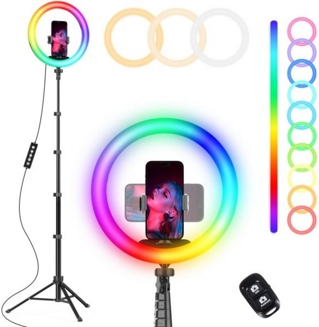 UBeesize 12인치 RGB Selfie Ring Light 62인치 확장 삼각대 스탠드 및 리모컨 비디오 녹화 메이크업 콘텐츠 제작자 YouTube TikTok Twitc, RGB/White/Warm/Daylight, 12", 1개