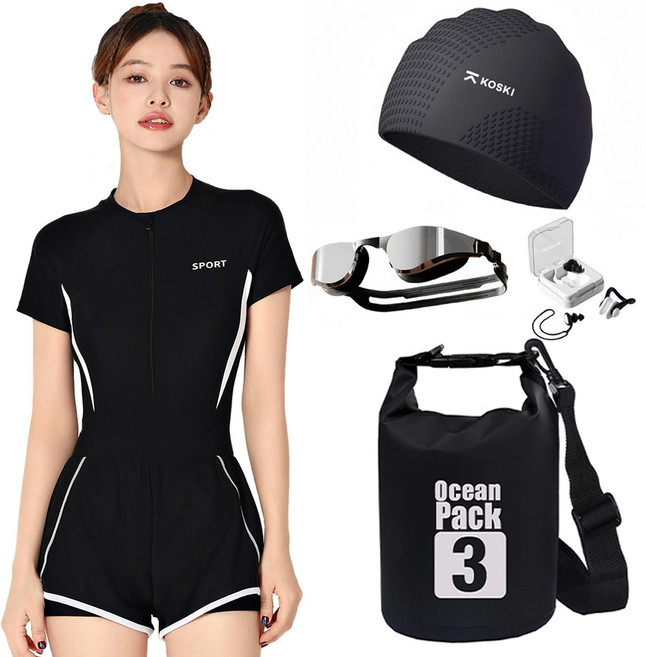 코스키 여성 원피스 실내 수영복 6종 세트 수경수모 귀마개 코마개 가방 HWS-BK515