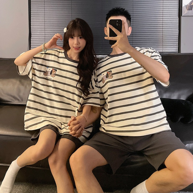 BIKASU 여름 반팔 커플 잠옷 세트 순면 스트라이프 파자마 편안한 신혼부부 홈웨어