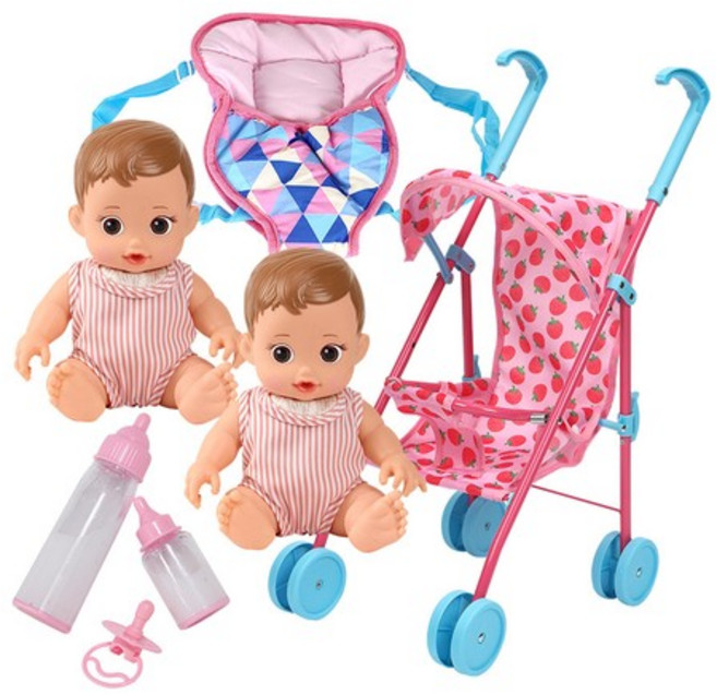 플레이 쌍둥이돌보기세트(1088set)(응애응애아기인형 2개+코코인형유모차+인형아기띠+쪽쪽이엄마놀이), 없음