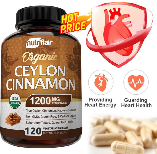 유기농 실론 계피 1200mg 120캡슐 인증 고함량 스리랑카산 진품 계피 NON-GMO 비건, 1개, 120정