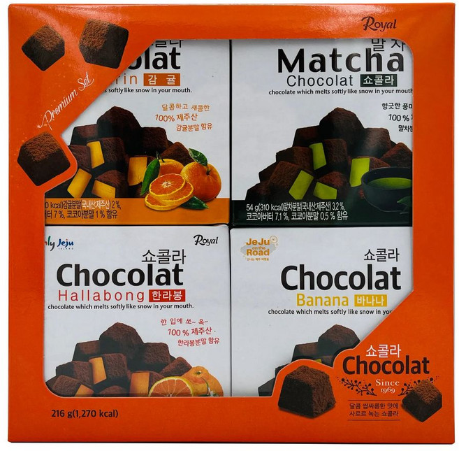 로얄 쇼콜라 초콜릿 4종 제주 기념품 선물 감귤 한라봉 말차 바나나, 1개, 216g