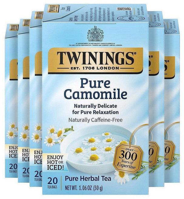 Twinings 얼 그레이 엑스트라 스트롱 홍차 개별 포장 백 20개 (1팩) 시트러스 및 베르가못 맛 카페인 뜨겁거나 차갑게 즐기기 티백 20개, Pure Camomile, 20 Count (Pack of 6), 30g