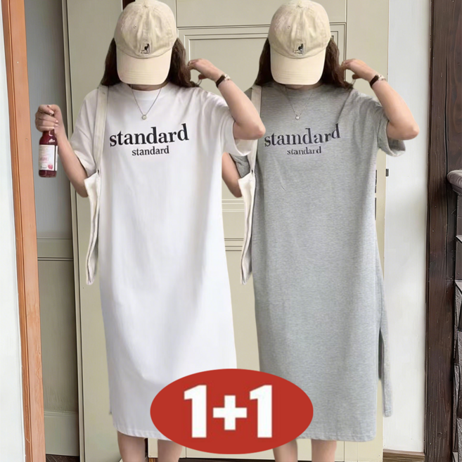 여성 여름 1+1 날씬해보이는 심플 레터링 프린트 라운드넥 일자 롱 원피스 무릎 아래까지 홈웨어 옆트임 캐주얼 드레스