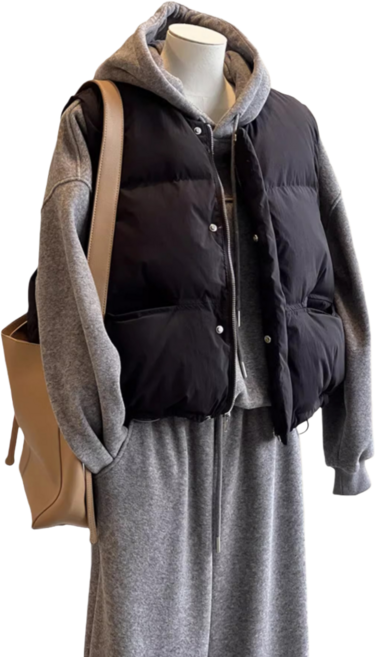 Makone 여성 겨울 캐주얼 루즈핏 집업 패딩 베스트 라운드 초경량 패딩조끼