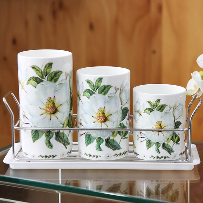 매그놀리아 물받이 도자기 수저통 수저꽂이 조리도구통, 1세트, 화이트