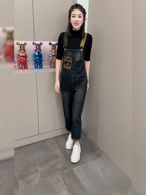 봄 가을 여성 청멜빵 바지 빈티지 빅사이즈 데님 점프슈트 멜빵 와이드 청바지 캐주얼 여자 점프수트 멜빵바지 YJW