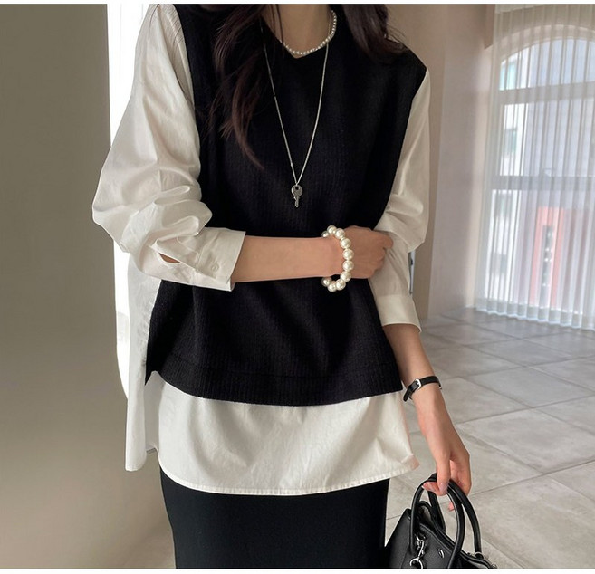 커즈업 레이어드 셔링 니트 셔츠