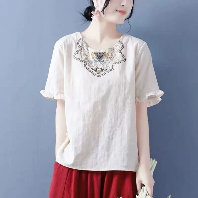 VVRR 여성 반팔 티셔츠 레이스 자수 라운드넥 코튼 린넨 반팔 Z0032321