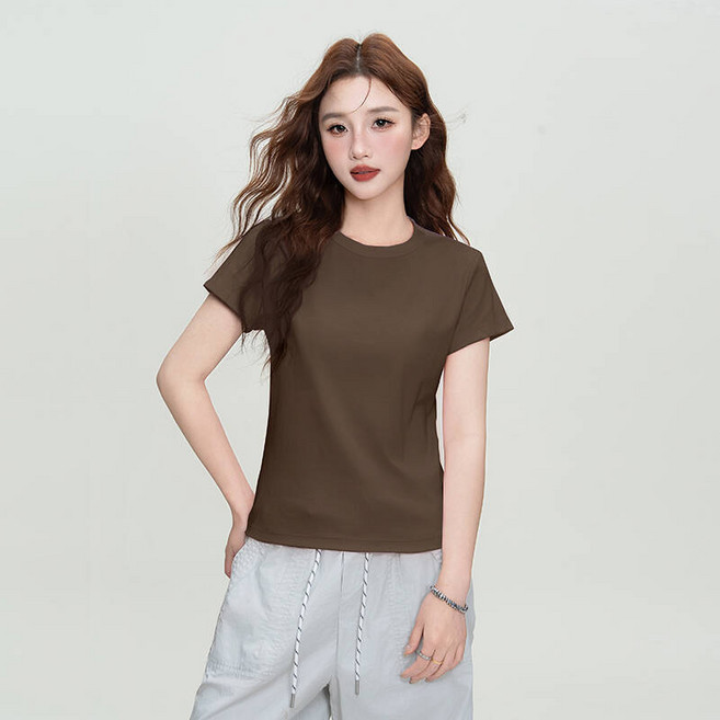 短版上衣女裝衣服大尺碼短袖瑜伽運動休閒圓領涼感T恤吸濕排汗小香風冰絲顯瘦五分袖韓版寬版透氣防曬上衣重磅厚磅t恤襯衫羽球衣