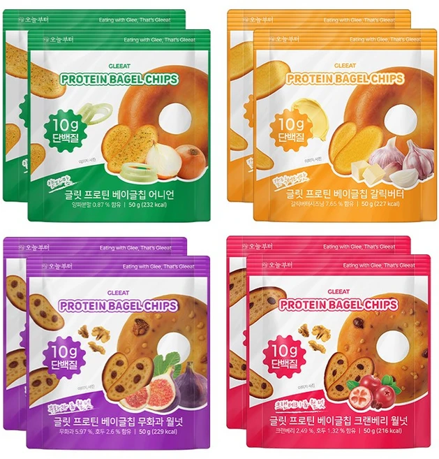 글릿 프로틴 베이글칩 4종 [어니언+갈릭버터+크랜베리+무화과] 단백질10g 저칼로리, 2세트, 200g - 쿠팡
