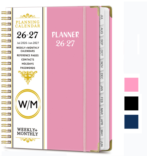 Clevoria 2026 날짜형 데일리 다이어리 A5 스파이럴 바인딩 코일 플래너 휴대용 업무용 기록 노트, 핑크 2026-2027, 1개