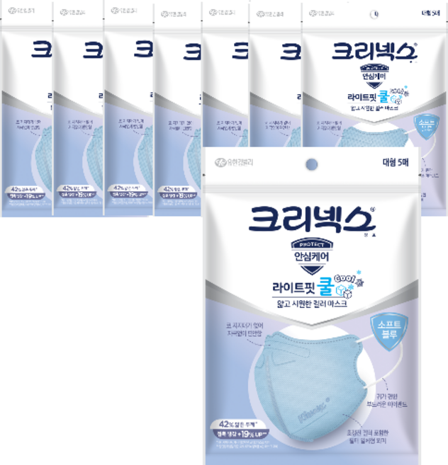 크리넥스 라이트핏 쿨마스크 대형 성인용, 5개입, 8개, 블루