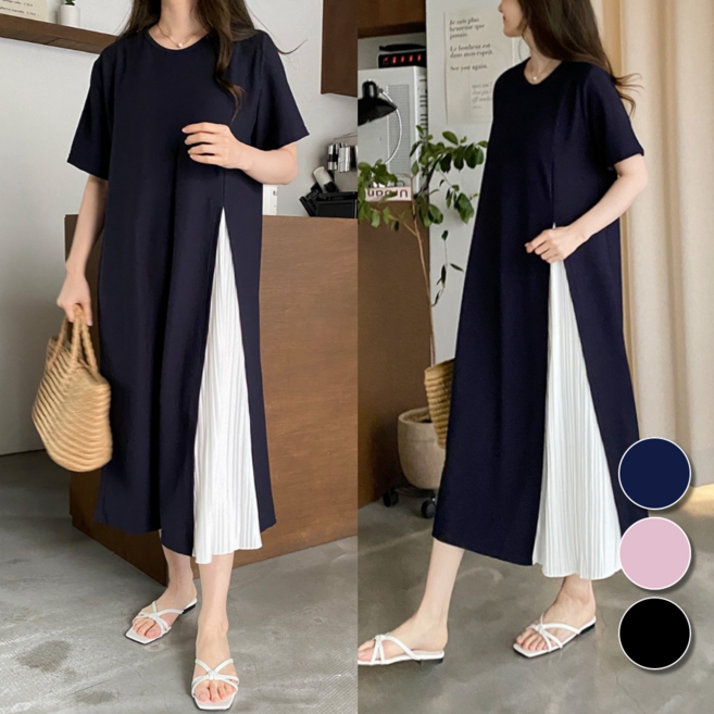 핏몬 여성 구김없는 반팔 플리츠 포인트 루즈핏 여름 롱 원피스