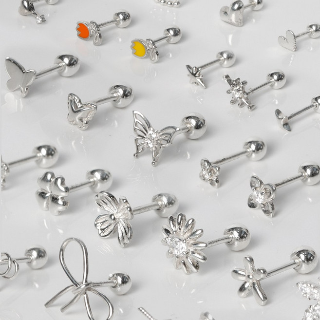 오로프 전체 순은 S925 실버 데일리 기본 별 나비 에이치 클로버 리본 곰돌이 피어싱 42종 (낱개 1개 기준)